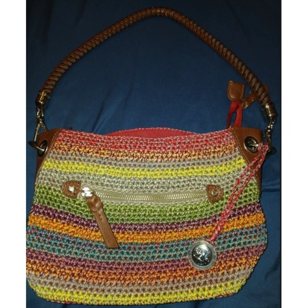 The Sak Crochet Shoulder Bag Boho Striped Knit Medium Multicolor Braided Strap